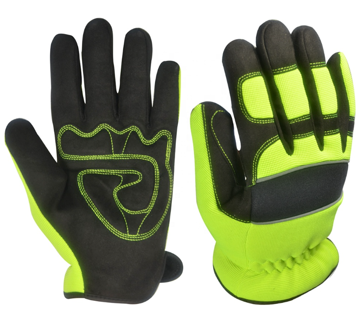 Gloves, Mechanics, Synthetic Leather, Foam Padding, Green Hivis