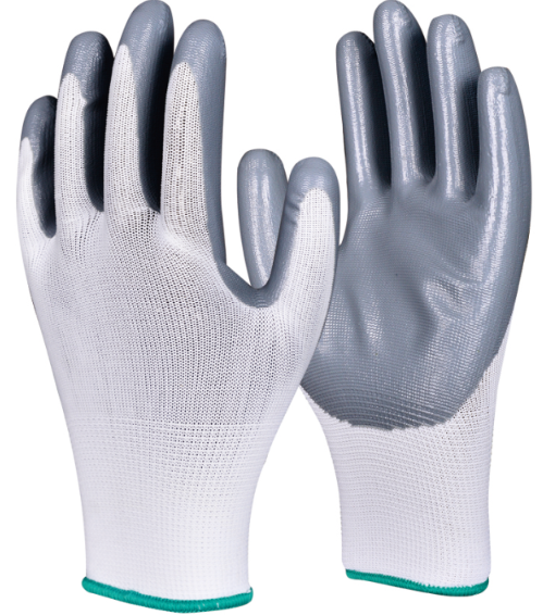 Gloves, Nitrile Coated Palm, White Nylon Liner, Grey