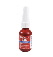 Loctite 246 medium-strength threadlocker adhesive in red 10 ml bottle with white precision applicator cap, ideal for locking and sealing threaded fasteners.