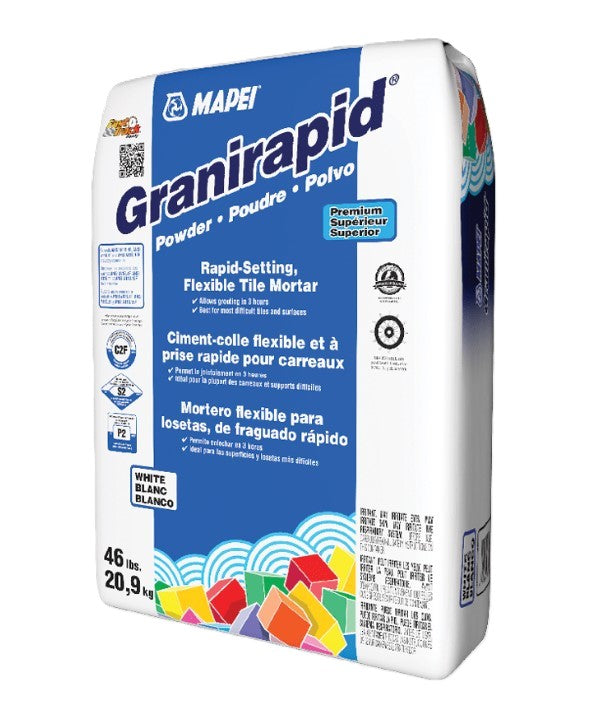 Mapei, Granirapid, Premium Rapid-Setting, Flexible Tile Mortar, White, 46 LB Bag, W/2 Gal Additive