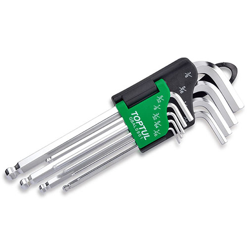 Hex Key Set, Ball Point, Long Arm, Steel, 1.5-10 mm, 9-Pc