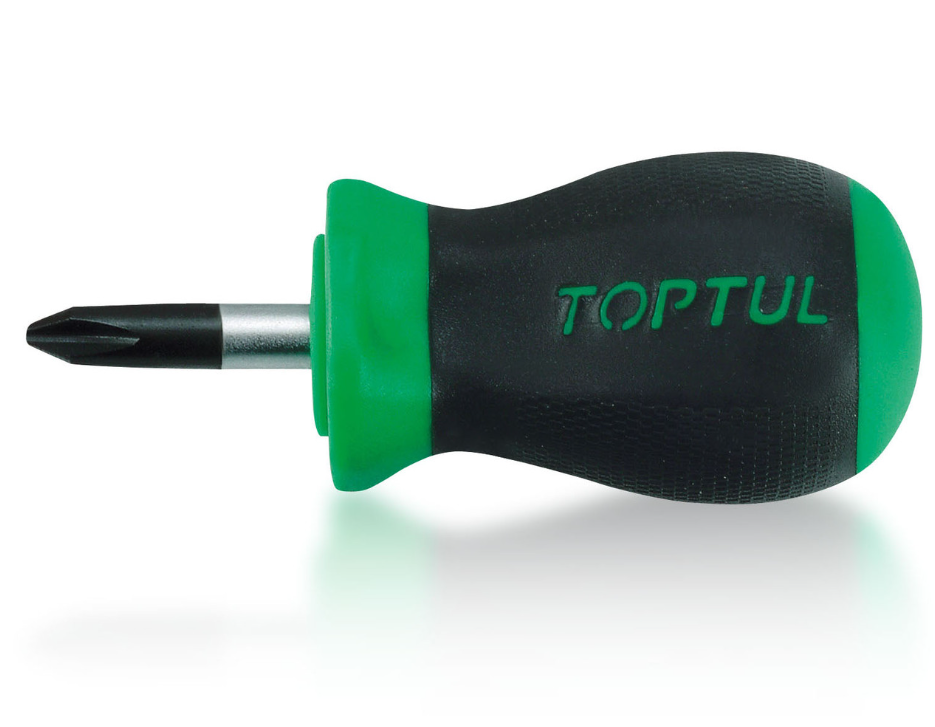 Stubby Phillips Screwdriver, Steel, Rubber Handle