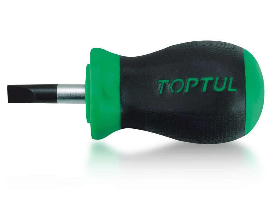 Stubby Slotted Screwdriver, Steel, Rubber Handle